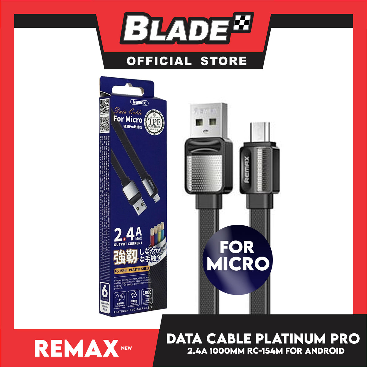 Remax Data Cable Plastic Shell 2.4A 1000mm RC-154m for Micro (Black) Compatible with Samsung Galaxy S7 Edge/S7/S6, HTC, LG, Sony, Xbox One, PS4 & More