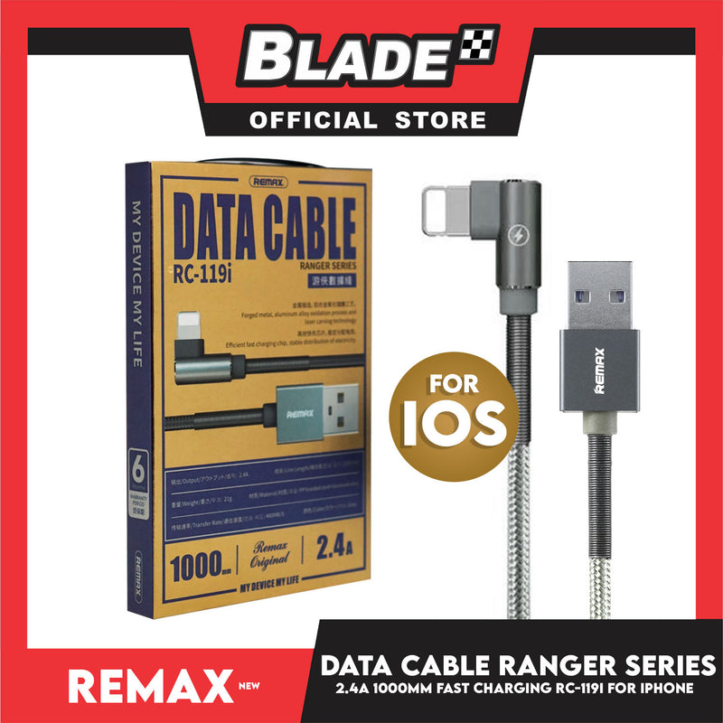 Remax Data Cable Ranger Series 2.4A 1000mm RC-119i for iOS(Gray) Compatible with iOS phone Xs Max/XR/X/8/8 Plus/7/7+/6/6S Plus/5S/5 & iPad Series
