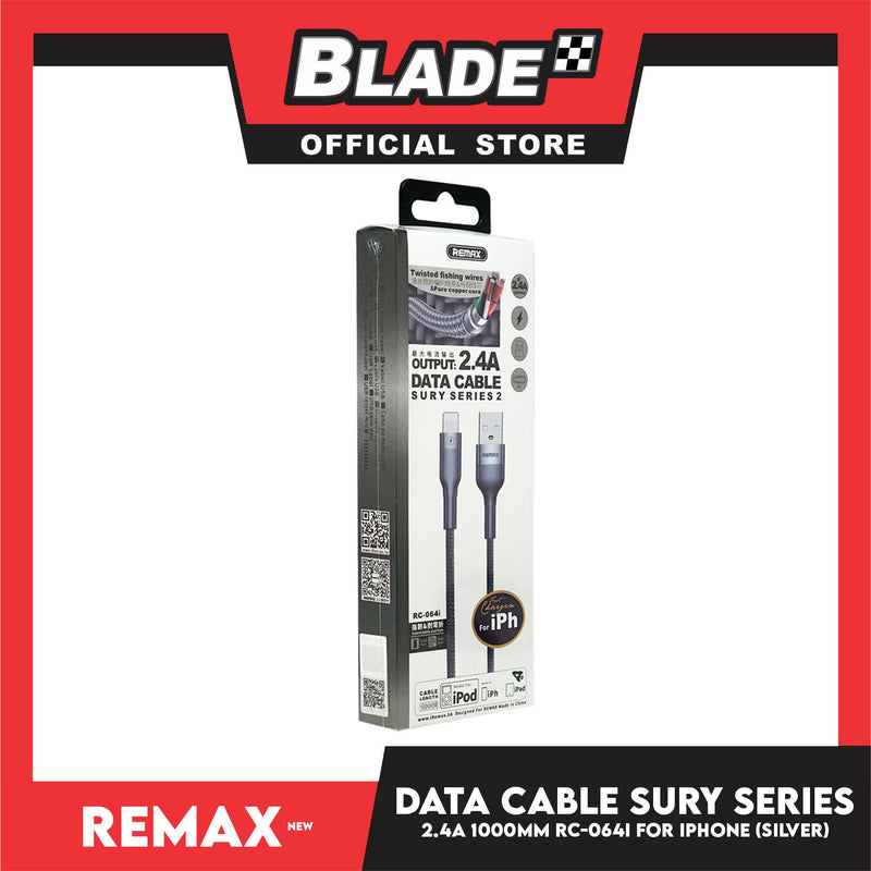 Remax Data Cable Sury Series 2 2.4A 1000mm RC-064i for iOS (Silver) Compatible with iOS Phone Xs Max/XR/X/8/8 Plus/7/7+/6/6S Plus/5S/5 & iPad Series