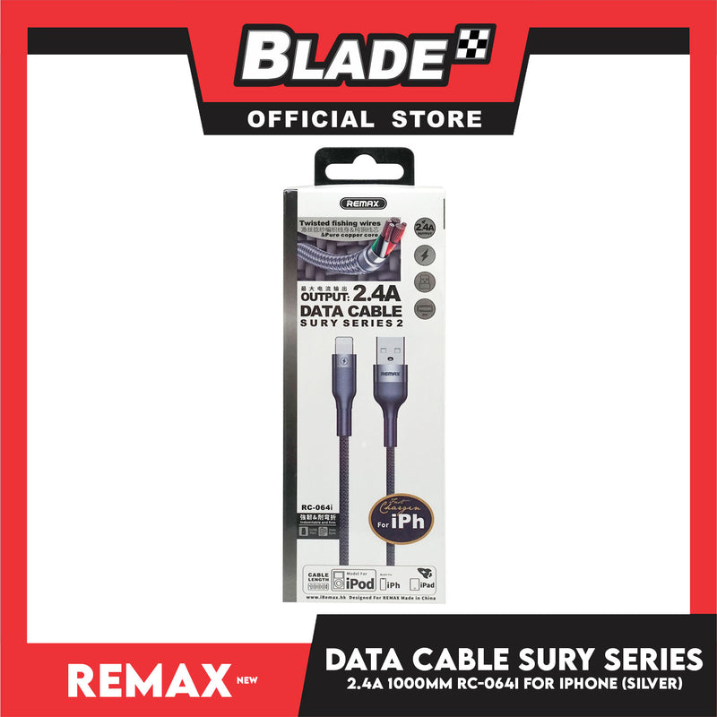 Remax Data Cable Sury Series 2 2.4A 1000mm RC-064i for iOS (Silver) Compatible with iOS Phone Xs Max/XR/X/8/8 Plus/7/7+/6/6S Plus/5S/5 & iPad Series