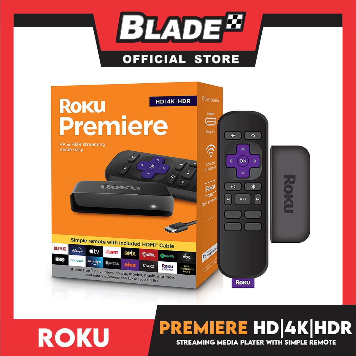 Roku Premiere HD/4K/HDR Streaming Media Player with Simple Remote & Premium HDMI Cable