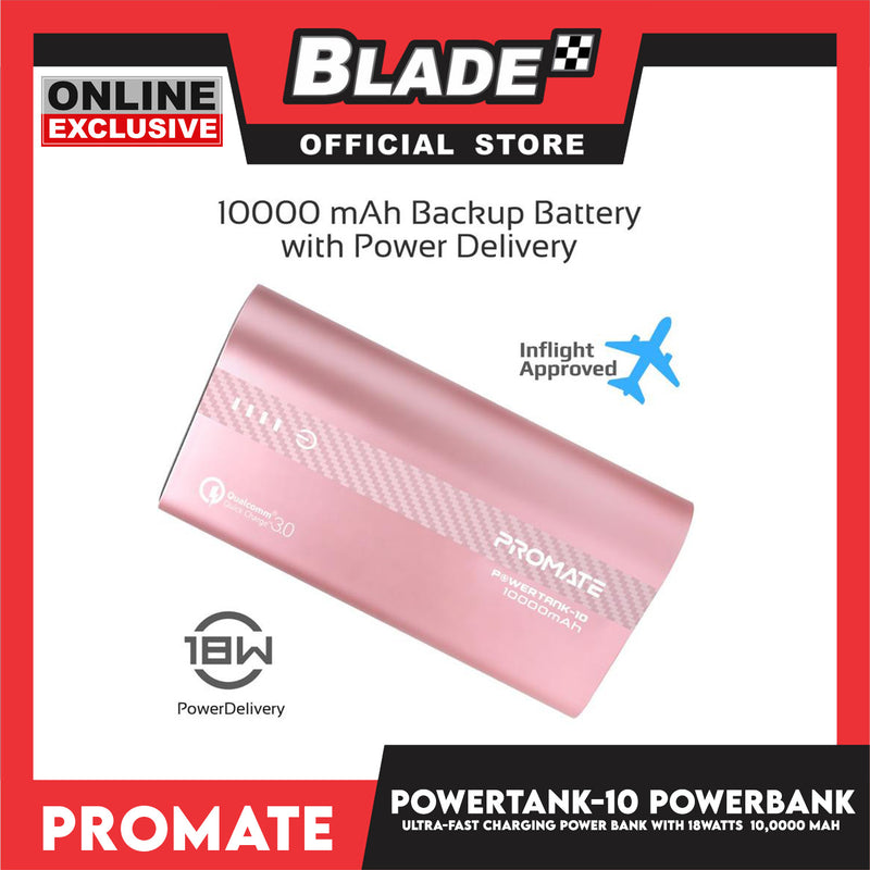 Promate Ultra-Fast Charging Power Bank 10000mAh With 18Watts Power Delivery and QC 3.0 (Rose Gold) PowerTank-10 Innovation And Excellence