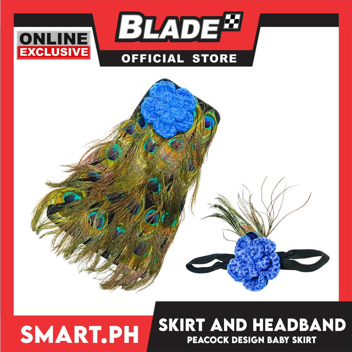 Baby Skirt Flower Peacock Design with Headband (Blue)