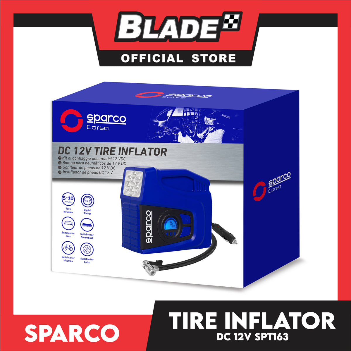 Sparco Tire Inflator DC 12V SPT163 Digital Gauge Suitable for Cars, Steamboat, Bicycle and Balls