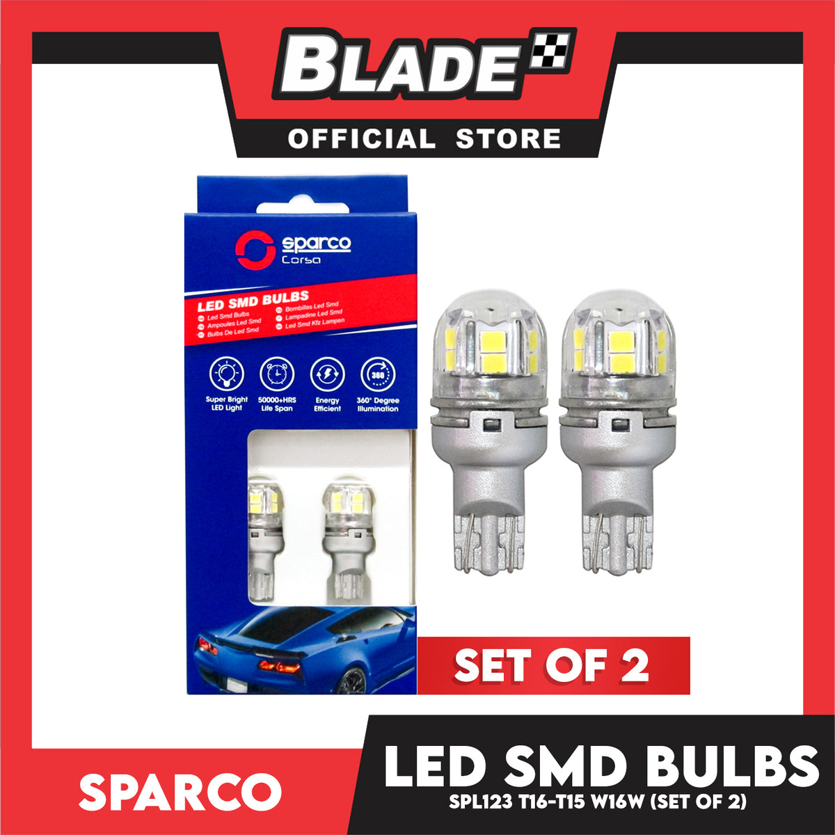 Sparco Led Smd Bulbs SPL123 T16-T15 W16W (Set of 2) for Back-up, Turning, Brake & Fog Light