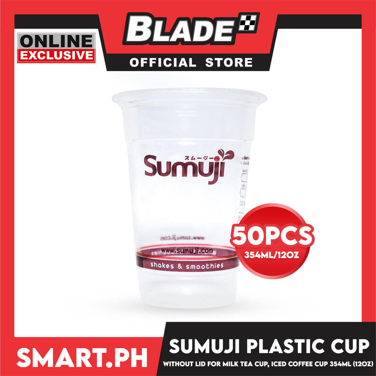 Sumuji Disposable Plastic Cups 12oz Set Of 50pcs. Perfect for Milk Tea, Juice And Shake etc.