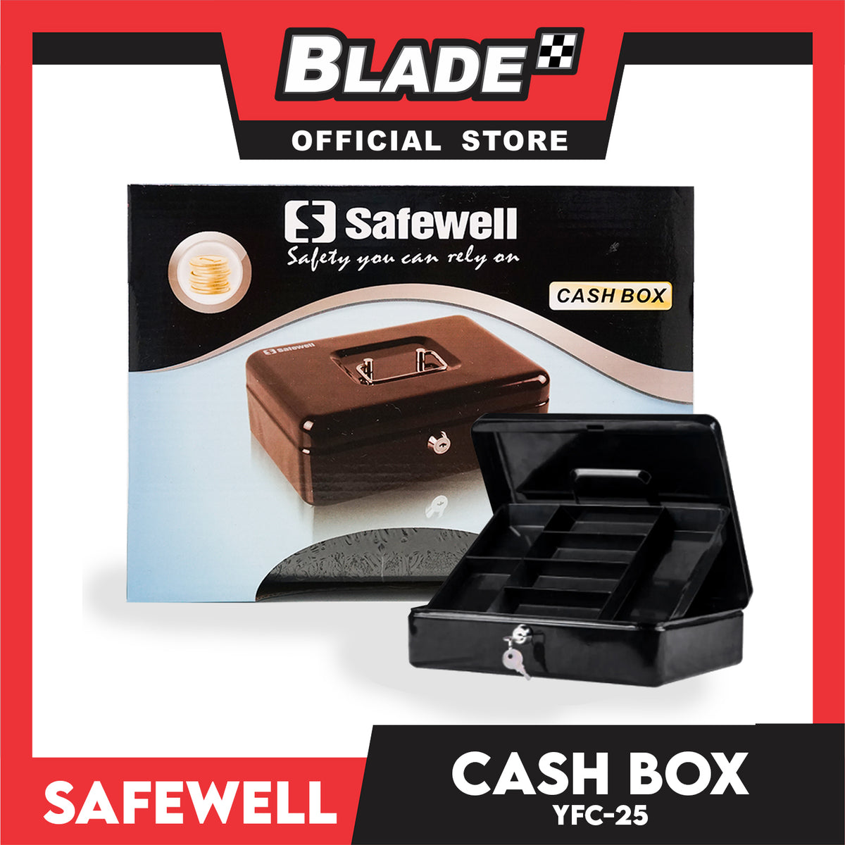 Safewell Cash Box YFC-25 (Black) Anti-Rust, Peeling Resistant Finish, Cash Box & Vault Storage Organizer