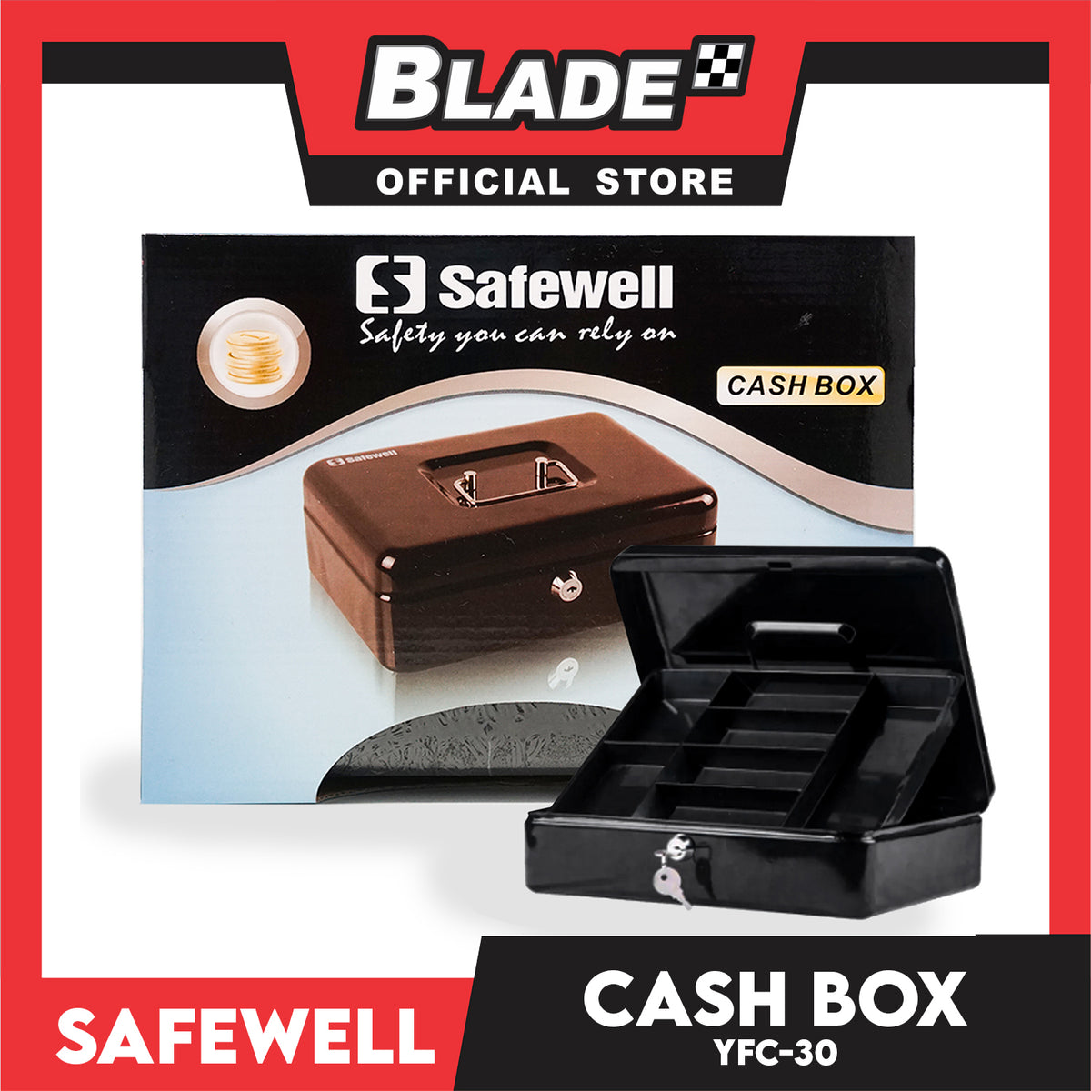 Safewell Cash Box YFC-30 (Black) Anti-Rust, Peeling Resistant Finish, Cash Box & Vault Storage Organizer