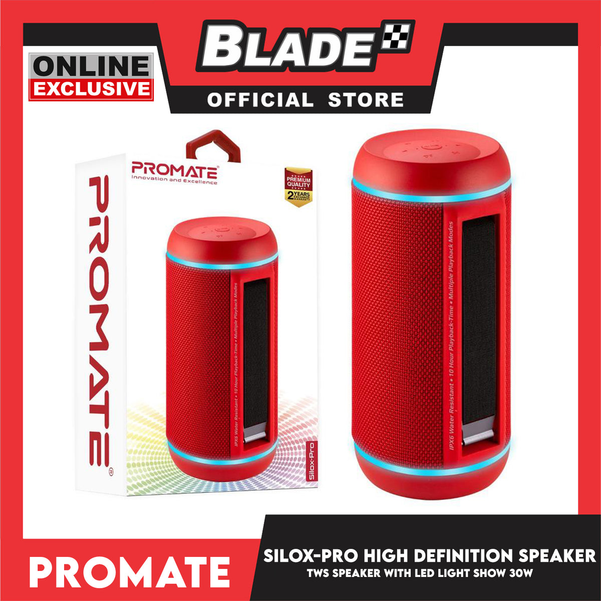 Promate TWS Speaker with LED Light Show Silox-Pro (Red) 30W High Definition