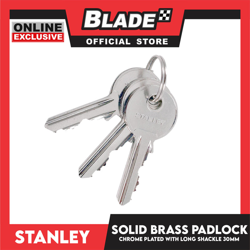 Stanley Solid Brass Padlock Chrome Plated with Long Shackle 30mm Heavy Duty Security Chrome Padlock