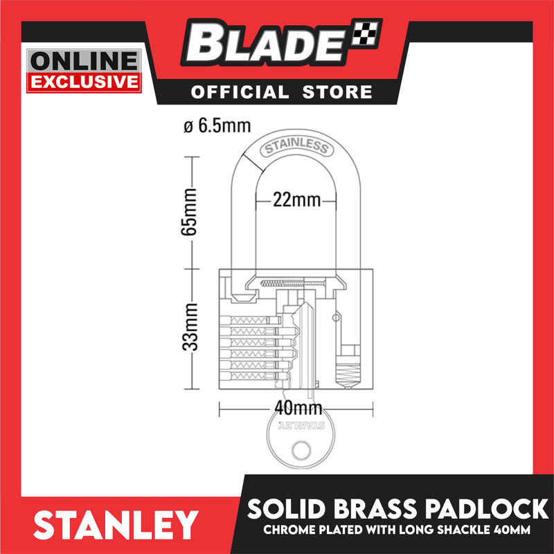 Stanley Solid Brass Padlock Chrome Plated with Long Shackle 40mm Heavy Duty Security Chrome Padlock