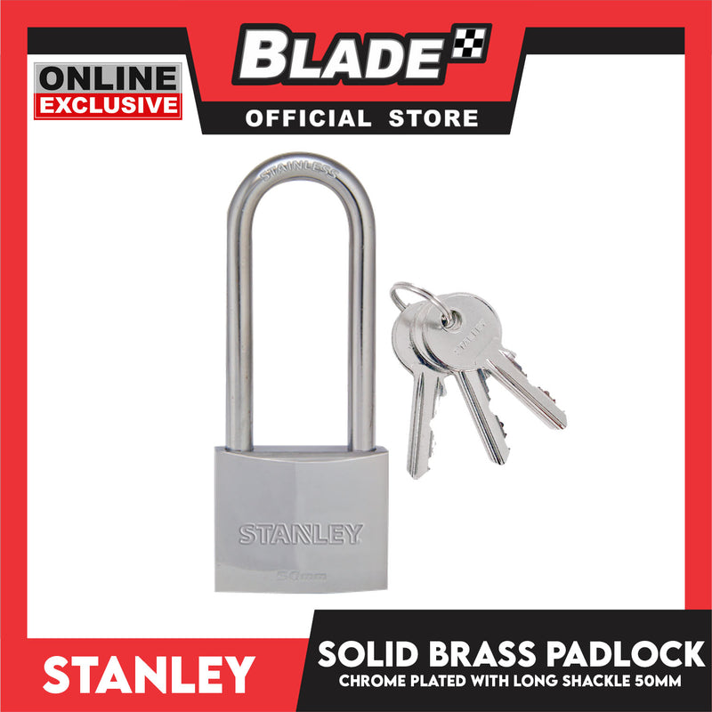 Stanley Solid Brass Padlock Chrome Plated with Long Shackle 50mm Heavy Duty Security Chrome Padlock