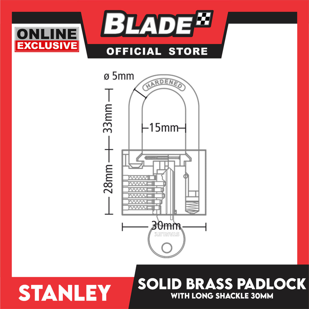 Stanley Solid Brass Long Padlock with Long Shackle 30mm Heavy Duty Sec ...