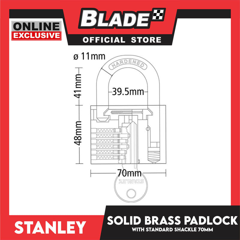 Stanley Solid Brass Padlock with Standard Shakle 70mm Heavy Duty Security Padlock
