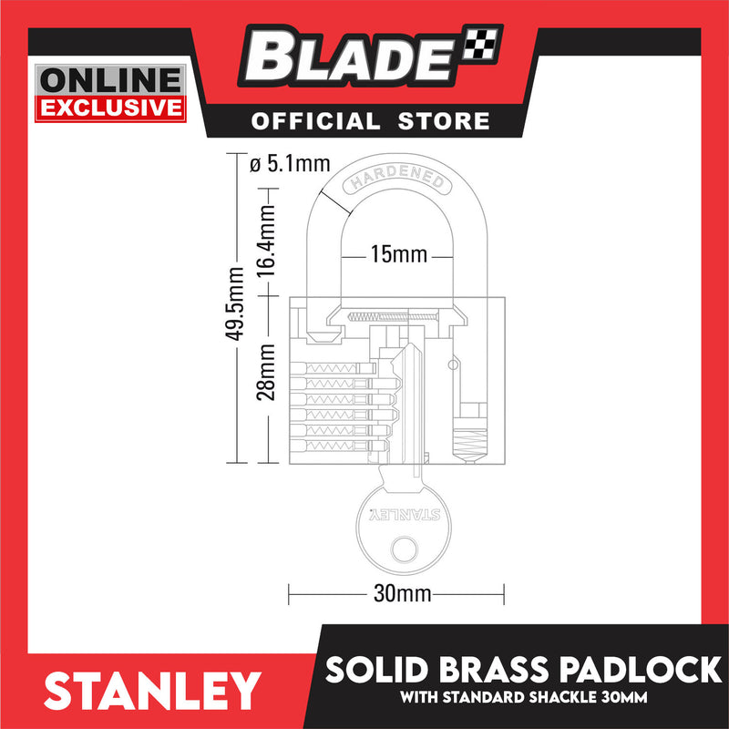 Stanley Solid Brass Padlock with Standard Shakle 30mm Heavy Duty Security Padlock