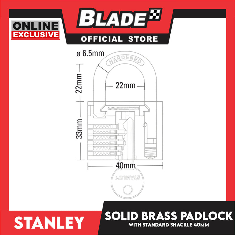 Stanley Solid Brass Padlock with Standard Shakle 40mm Heavy Duty Security Padlock