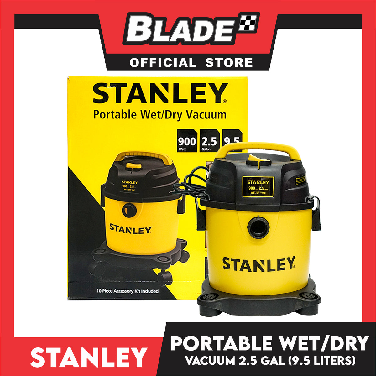 Stanley Portable Wet/Dry Vacuum SL19135P 900W 2.5Gal (9.5Liters) 10 Piece  Accessory Kit Include Ideal for Kitchen, Car, Furniture, Garage Cleaning