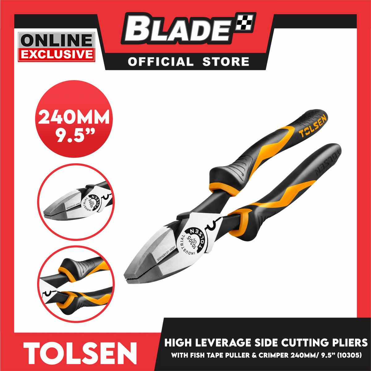 Tolsen High Leverage Side Cutting Plier with Fish Tape Puller & Crimper 240mm 9.5'' 10305