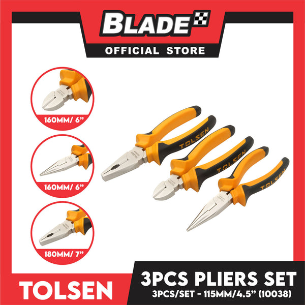Tolsen 10400 3pcs Pliers Set Combination Pliers, Diagonal Cutting Pliers, Long Nose Pliers