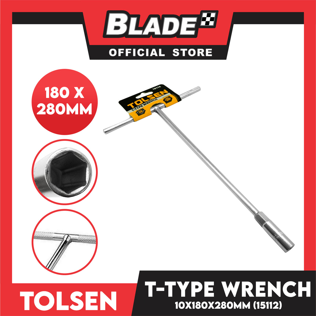 Tolsen T-Type Wrench 10 x 180 x 280mm Chrome Plated, Satin Finish 15112