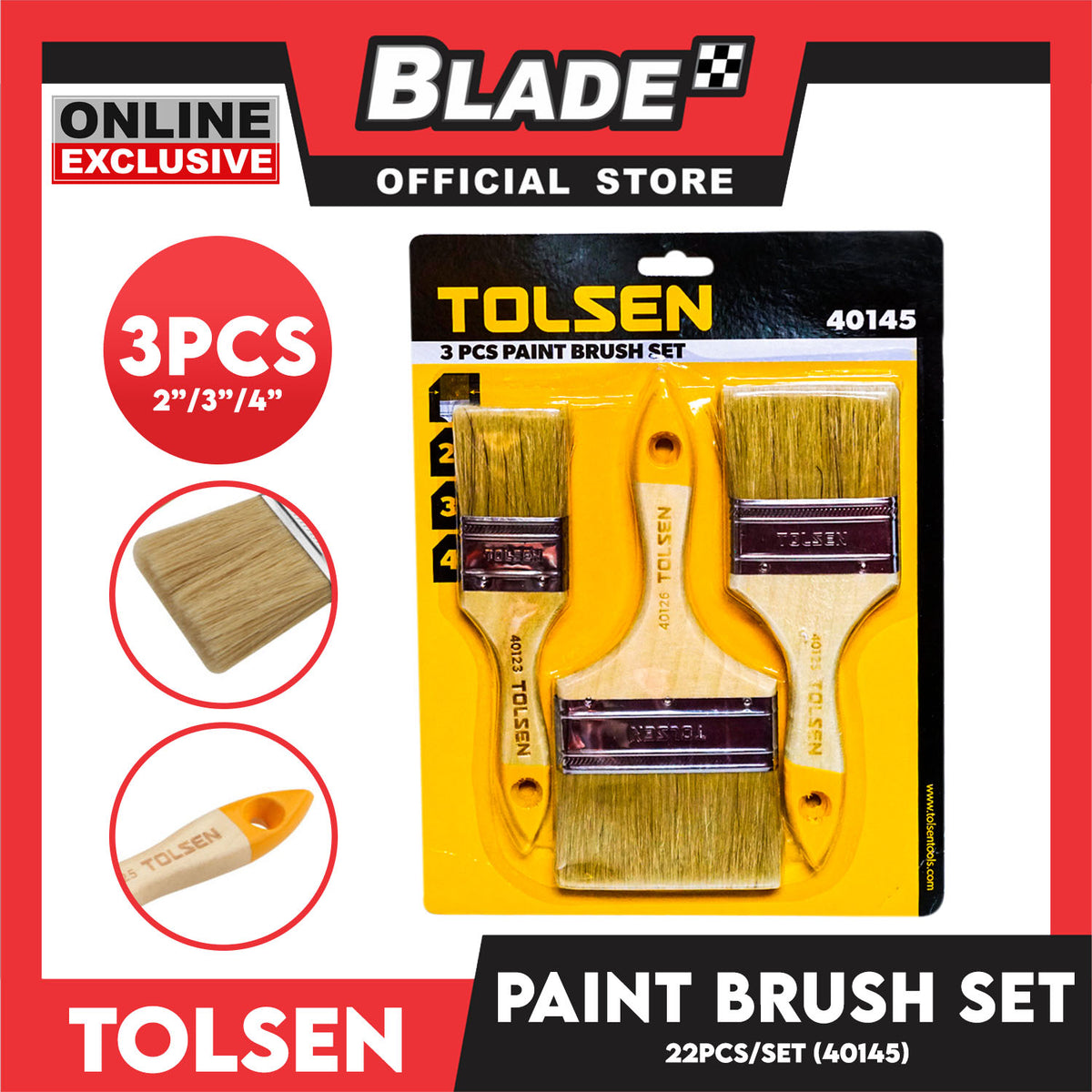 Tolsen 3pcs Wooden Handle Paint Brush Set (2″/3″/4″) 40145