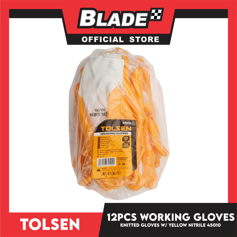 Tolsen 45010 Working Knitted Gloves with Yellow Nitrile Set of 12pairs Polyester Heavy Duty 10 (XL)