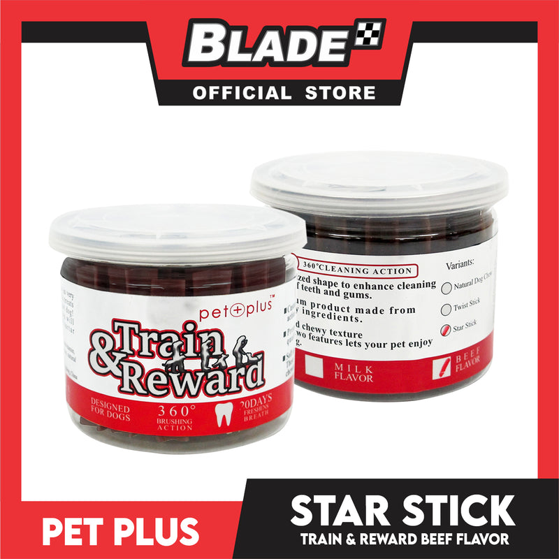 Pet Plus Train and Reward Dental Star Stick In a Jar (Beef Flavor) 360 Brushing Action Designed for Dogs Reward Treats