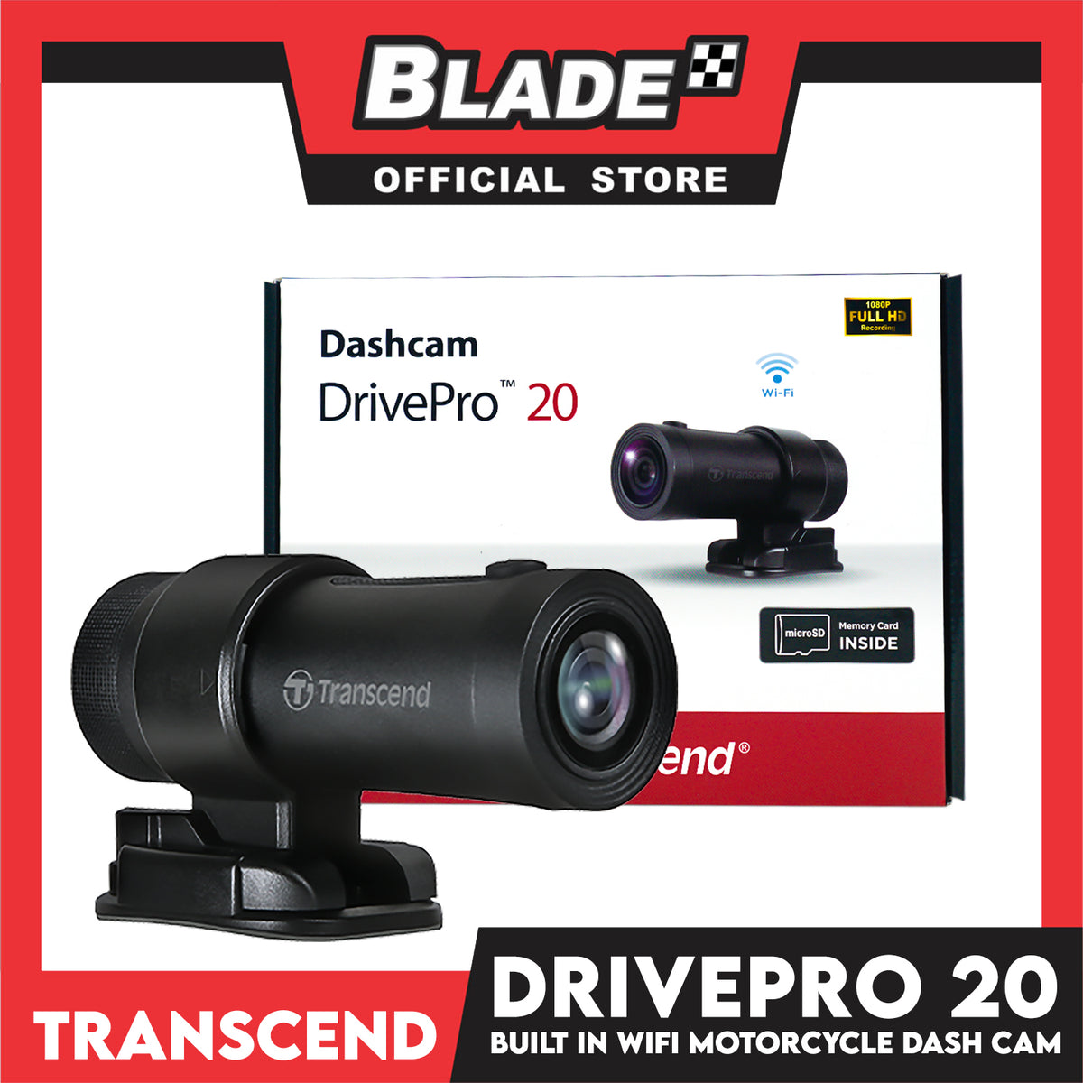 Transcend Motorcycle Dashcam DrivePro 20 Wifi Live Streaming, Bult-in Battery, Water Dust Protection, Starvis Sensor (Memory Card Inside)
