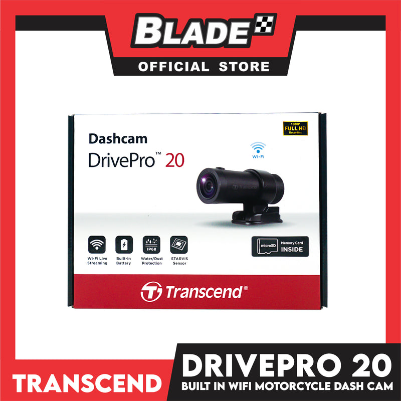 Transcend Motorcycle Dashcam DrivePro 20 Wifi Live Streaming, Bult-in Battery, Water Dust Protection, Starvis Sensor (Memory Card Inside)