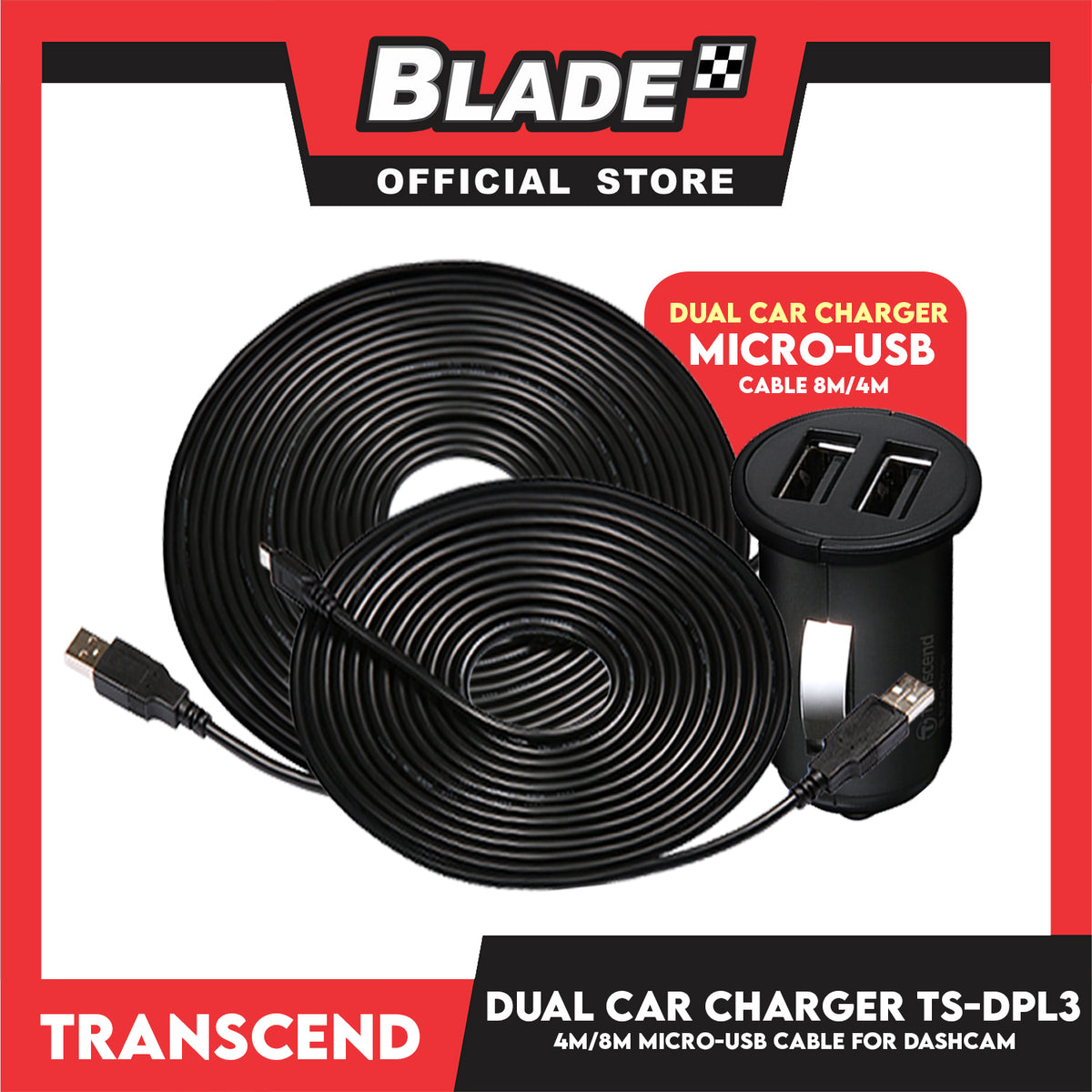 Transcend Dashcam Dual USB Car Charger 4M/8M Micro-USB Cable TS-DPL3