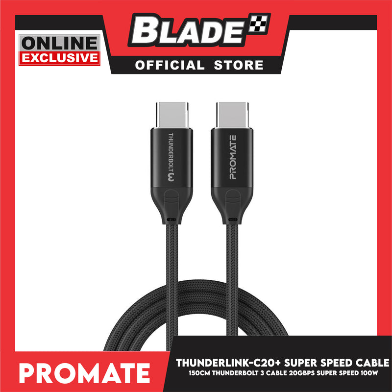 Promate 150cm Thunderbolt 3 Cable 20Gbps Super Speed 100W ThunderLink-C20+ (Black)