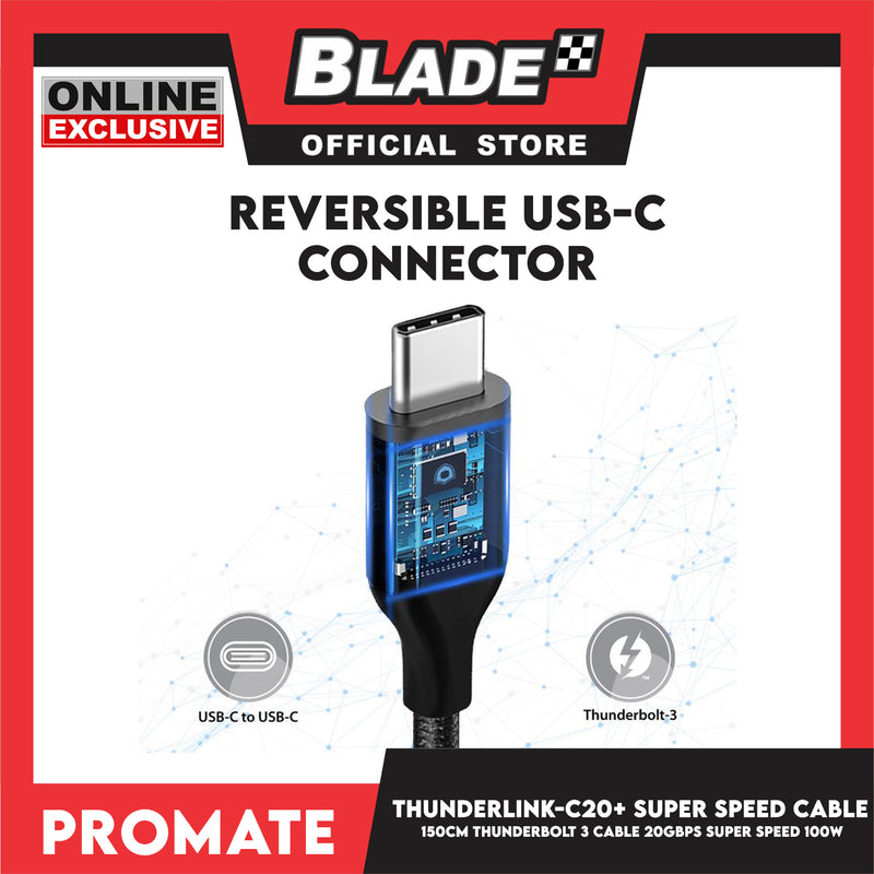 Promate 150cm Thunderbolt 3 Cable 20Gbps Super Speed 100W ThunderLink-C20+ (Black)
