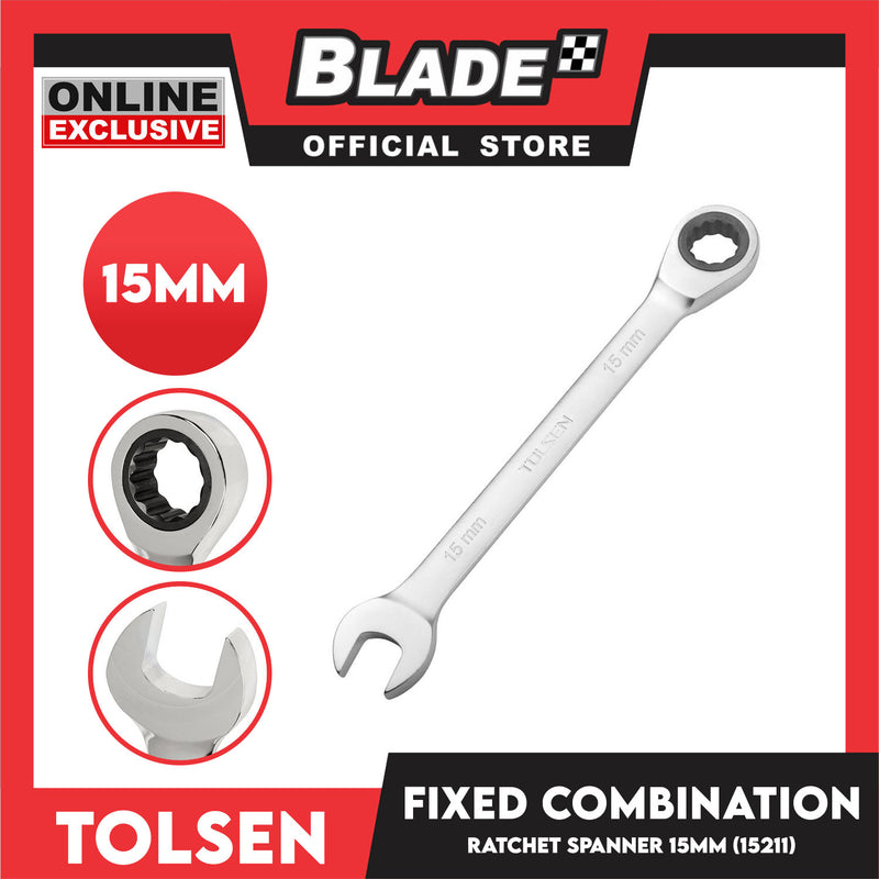 Tolsen Fixed Combination Rachet Spanner 15mm Chrome Plated And Satin Finish 15211