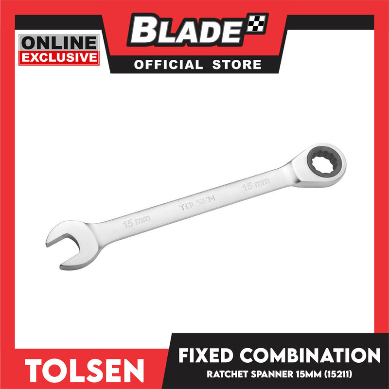 Tolsen Fixed Combination Rachet Spanner 15mm Chrome Plated And Satin Finish 15211