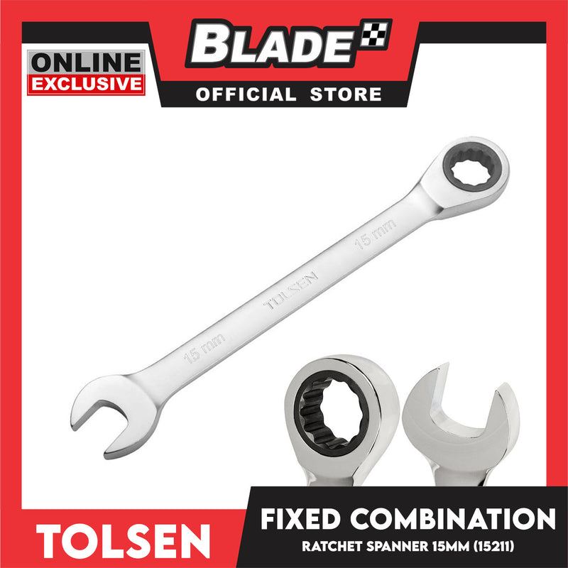 Tolsen Fixed Combination Rachet Spanner 15mm Chrome Plated And Satin Finish 15211