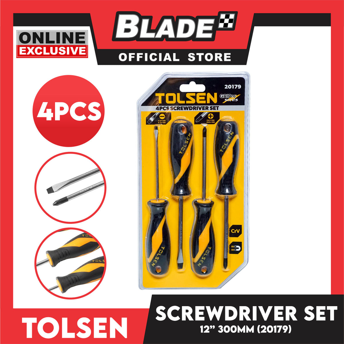 Tolsen 4pcs. 12' 300mm Screwdriver Set Gripro Series 20179