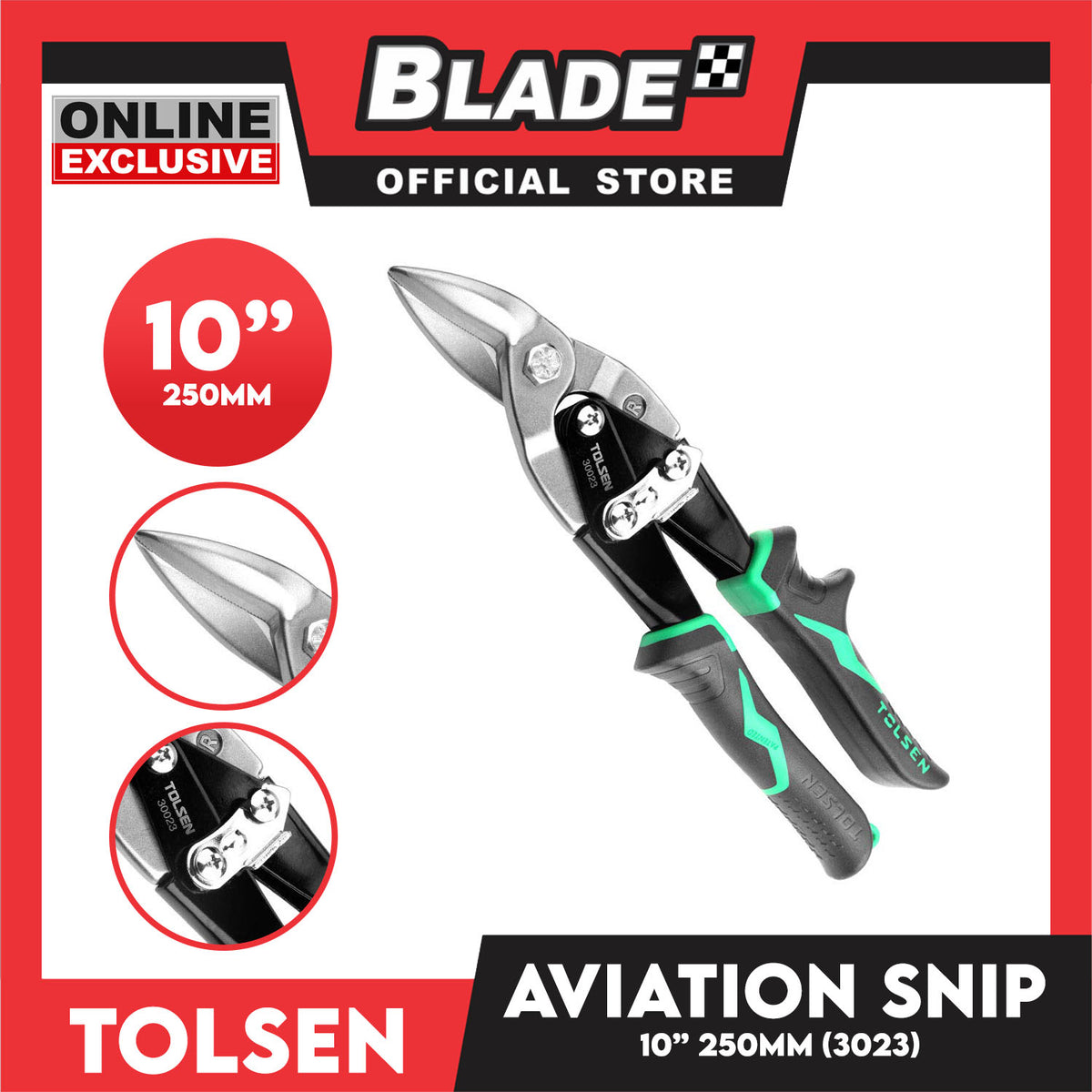 Tolsen 30023 Aviation Snip Industrial (Right) CrMo 250mm 10' ' Anti-Slip Design Reducing Hand, Fatigue Effectively Two-Component Plastic Handle