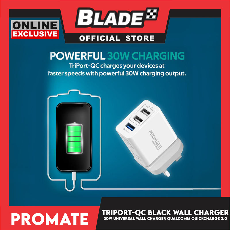 Promate Universal Wall Charger 30W TriPort-QC (White) Quick Charge 3.0