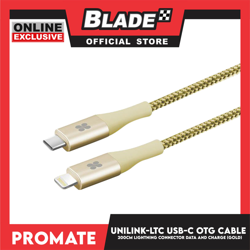 Promate 200cm USB-C OTG Cable with Lightning Connector UniLink-LTC2 (Gold) Data and Charge, Fast Charging