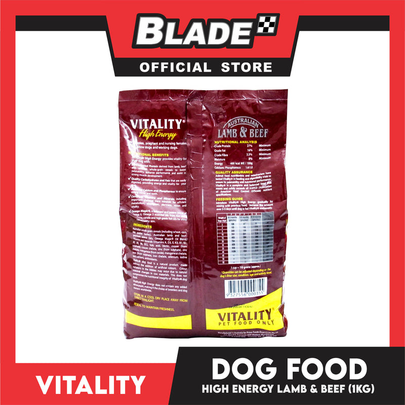 Vitality High Energy Dog Food 1kg Super Premium Dog Food For Puppies, Pregnant And Nursing Females, Show Dogs And Working Dogs (Lamb And Beef) Dog Food, Dog Dry Food