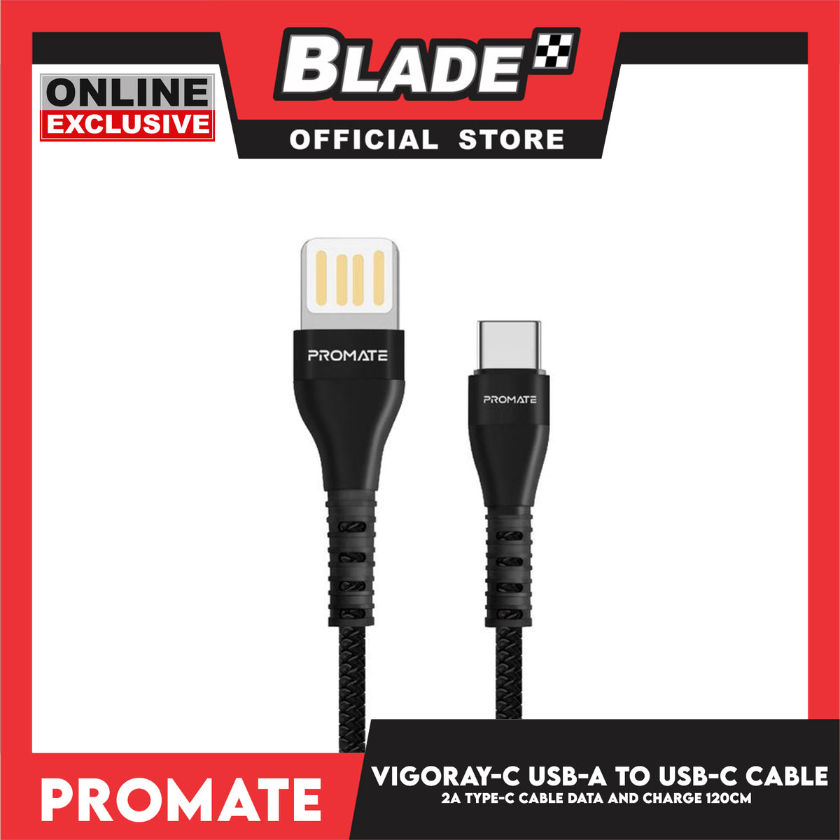 Promate 120cm Data and Charge USB-A to USB-C Cable Vigoray-C (Black) Heavy-Duty High Speed