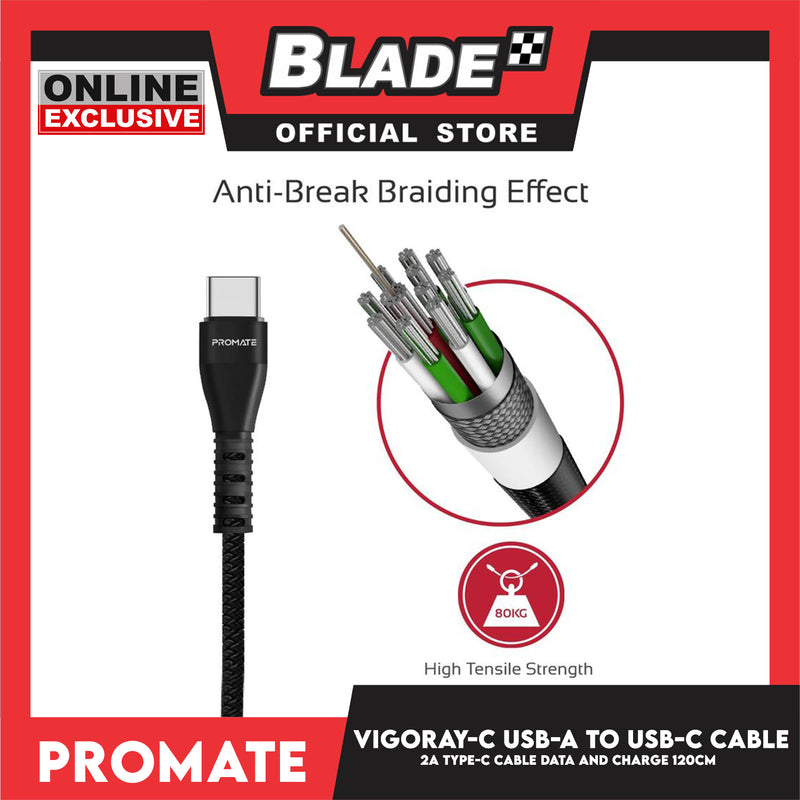 Promate 120cm Data and Charge USB-A to USB-C Cable Vigoray-C (Black) Heavy-Duty High Speed