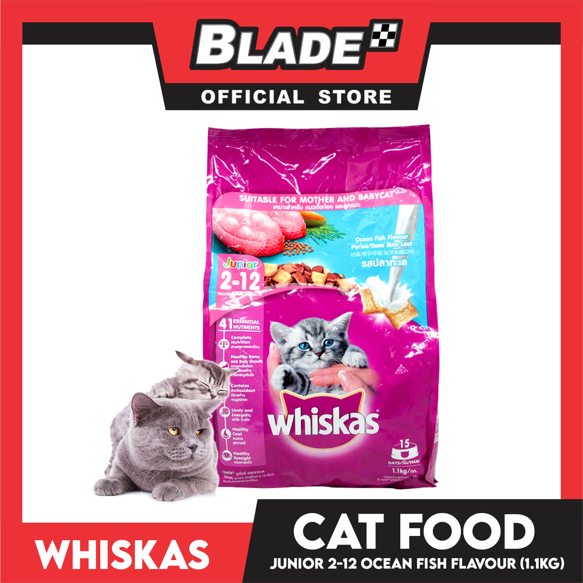 Whiskas Cat Food Dry Junior Ocean Fish Flavour With Milk 1.1kg