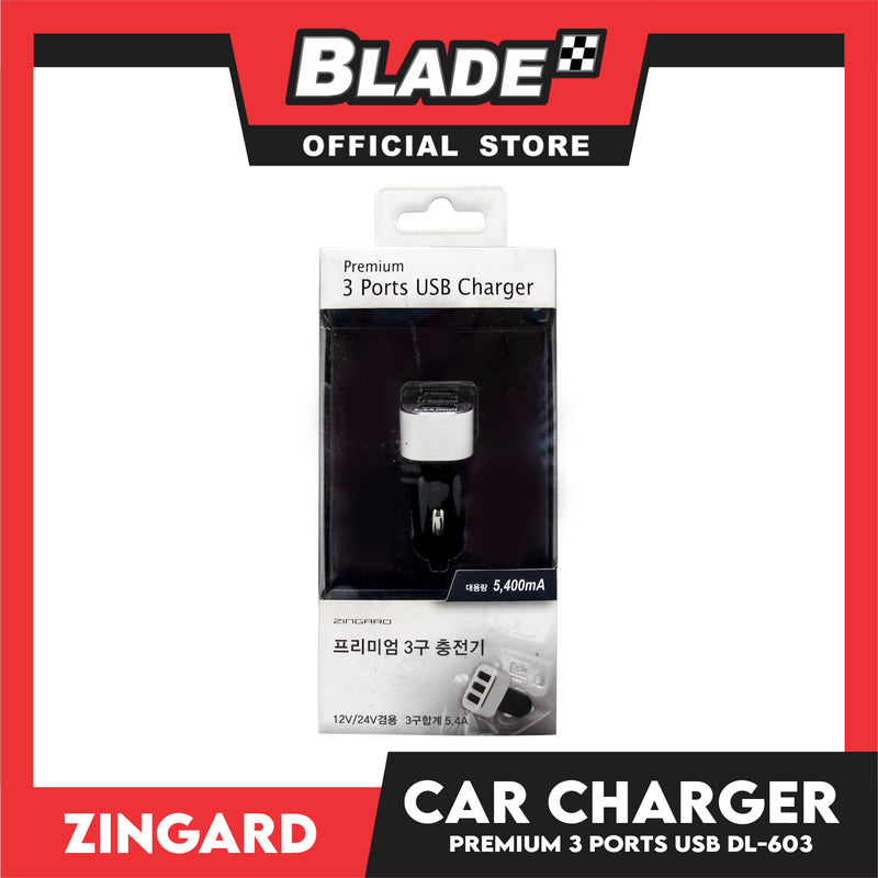 Zingard Car Charger Premium 3 Port USB Charger 5.4A DL-603 (Black/Silver) for  Android and iOS. Samsung, Huawei, Xiaomi, Oppo, iPhone series, iPad Series. Also compatible to other various digital devices.