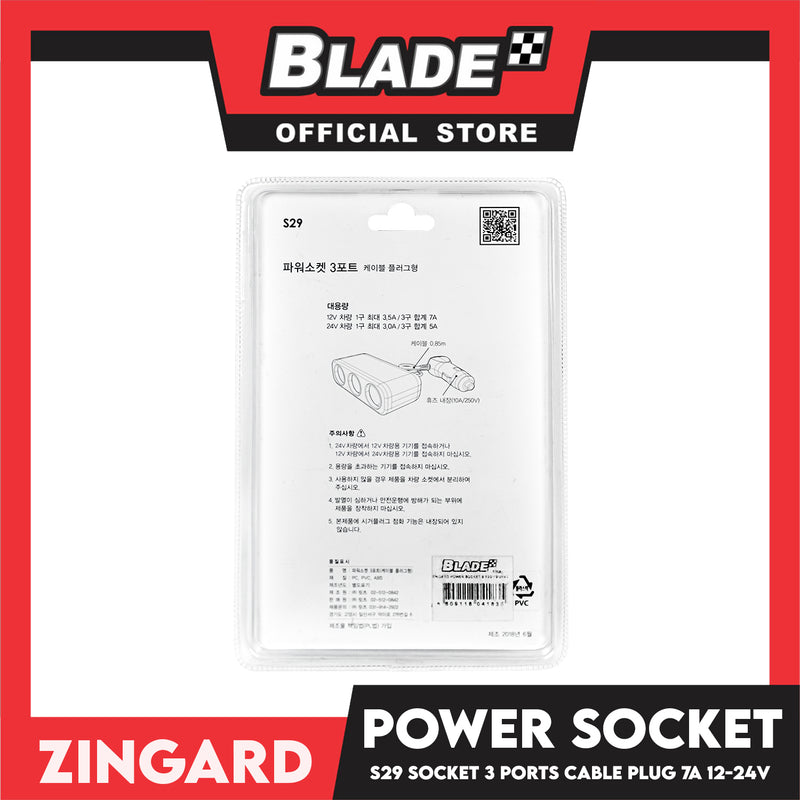Zingard Power Socket 3 Ports Cable Plug S29 12-24V (Black) Car Charger Socket