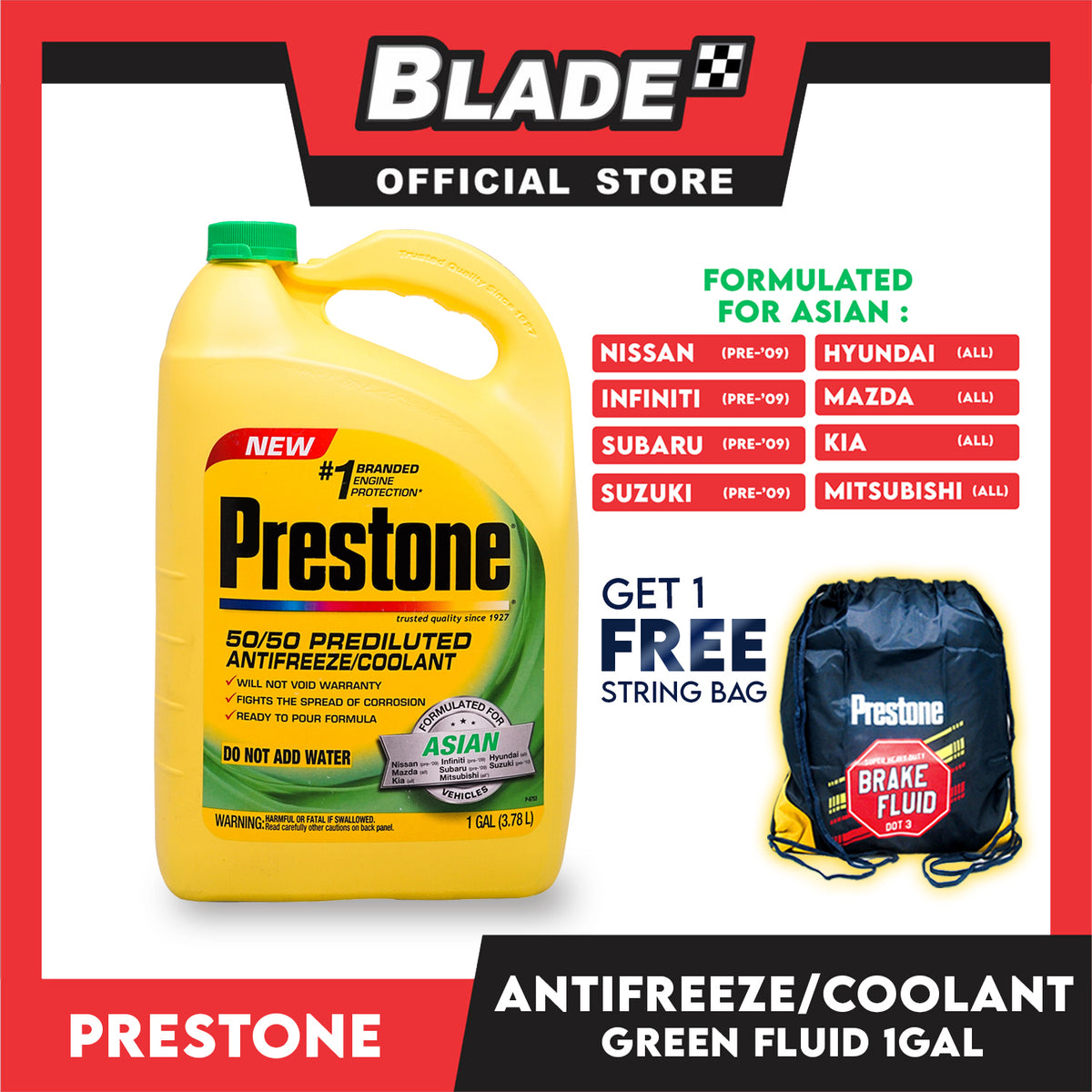 Prestone 50/50 Prediluted Antifreeze/Coolant Green 1 Gallon with FREE String Bag Formulated for Asian vehicles like Nissan, Mazda, Kia, Subaru, Mitsubishi, Hyundai, Suzuki