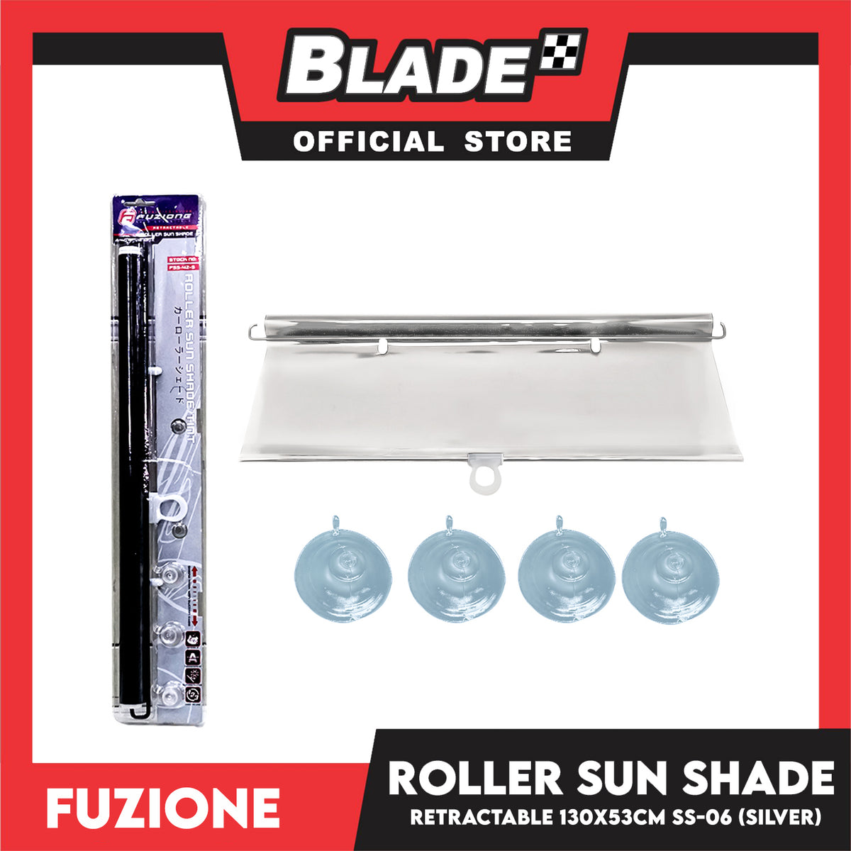 Fuzion Auto Essentials Retractable Roller Sun Shade Tint SS-06, Sliding Hook With Suction Cups Stock No. FSS-53-M (Silver) 53x130cm