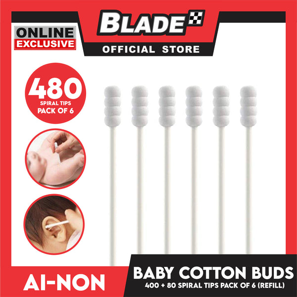 Ainon Baby Cotton Buds Spiral 480Tips Refill AN-511C (Pack of 6)