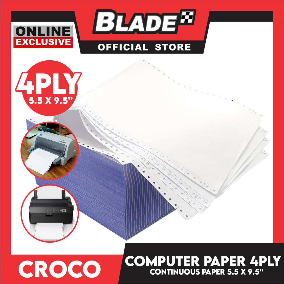 Croco Computer Forms 5.5x9 1/2'' (4PLY) 1Box Continuous Computer Paper Carbonless 4Ply 400 Sheets
