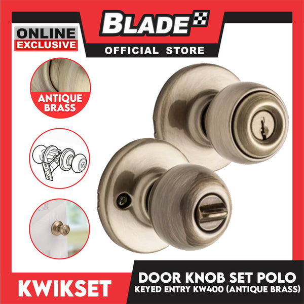 Kwikset Keyed Entry KW400 Door Knob Set Polo (Antique Brass)